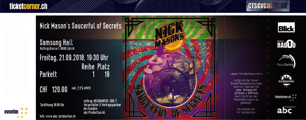 Nick Mason 2018 Zürich Ticket